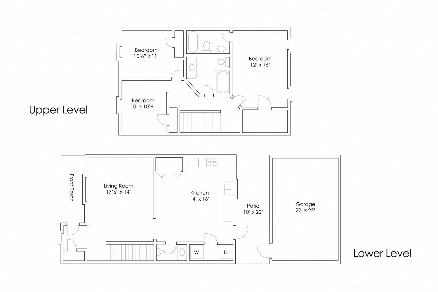 Floor plan for 3 beds, 2.5 baths, 1600 sqft